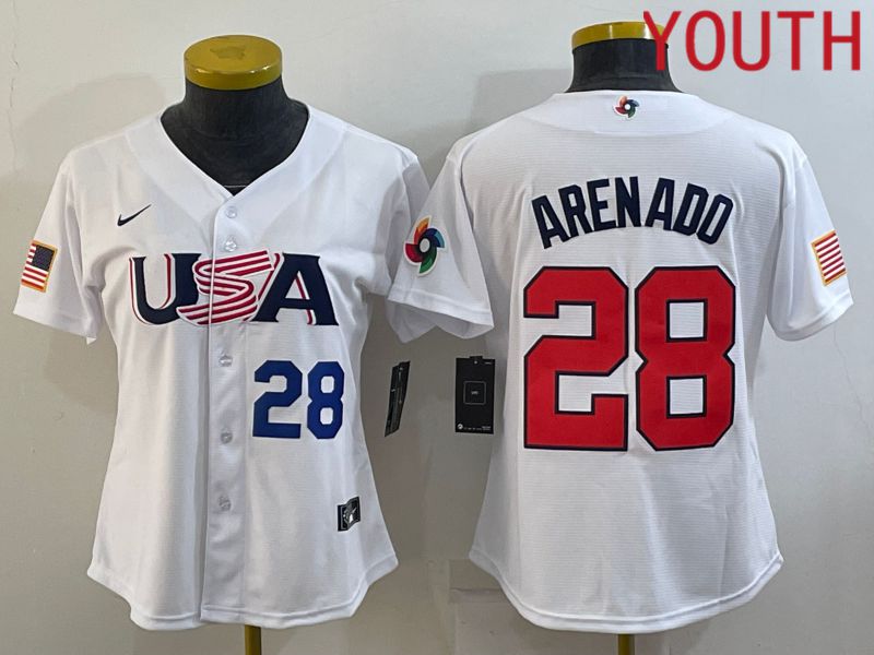 Youth 2023 World Cub USA #28 Arenado White MLB Jersey4->youth mlb jersey->Youth Jersey